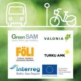 Kuvassa vihreä tausta, päällä ikonikuva bussista ja kaupunkipyörästä ja logot: valonia, GreenSAM, Föli, TurkuAMK ja Interreg EU.