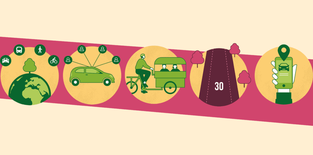 Grafiikkakuvituksia erilaisista liikkumisen ratkaisuista.