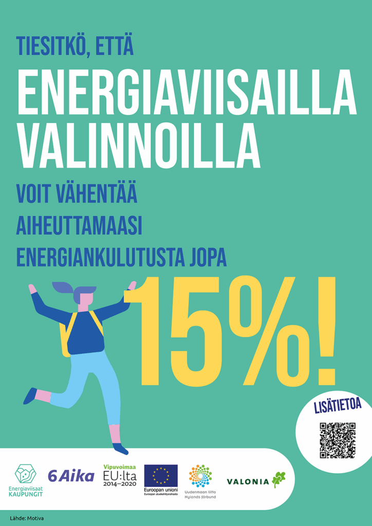 Juliste: Tiesitkö, että energiaviisailla valinnoilla voit vähentää aiheuttamaasi energiankulutusta jopa 15 %