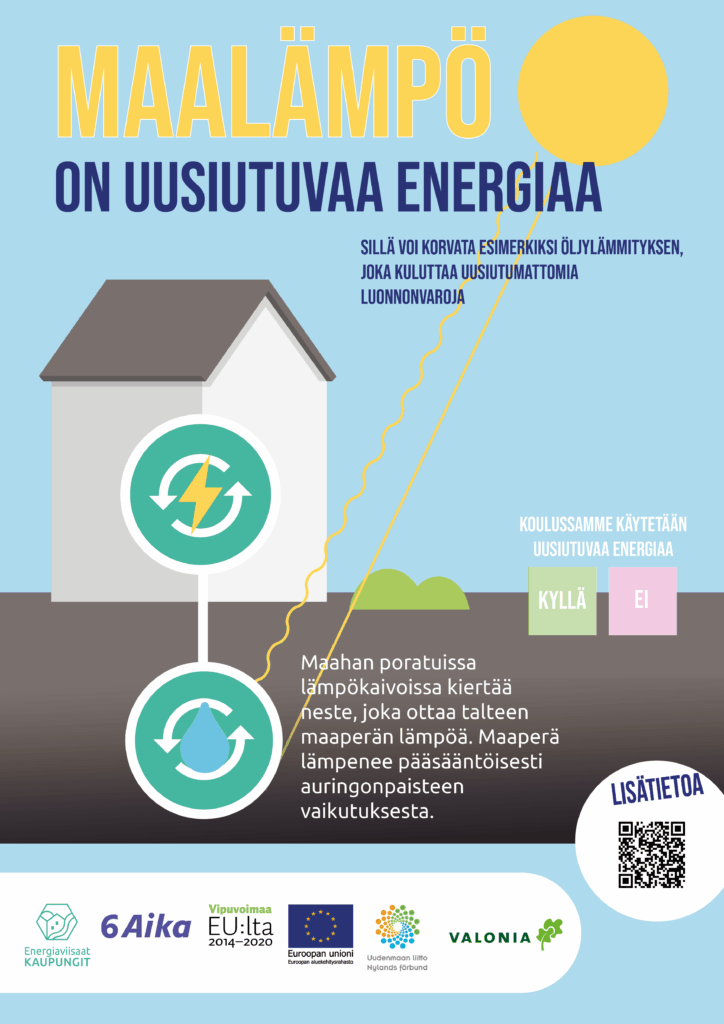 Juliste: Maalämpö on uusiutuvaa energiaa, jolla voi korvata esimerkiksi fossiilisen öljylämmityksen