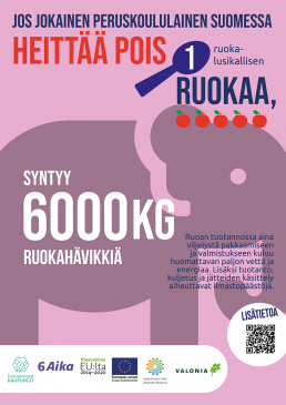 Juliste: Jos jokainen peruskoululainen Suomessa heittää pois 1 ruokalusikallisen ruokaa, syntyy 6000 kg ruokahävikkiä.