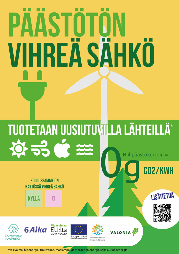 Juliste: Vihreä sähkö tuotetaan uusiutuvilla lähteillä. Sen hiilipäästökerroin on 0g/kwh