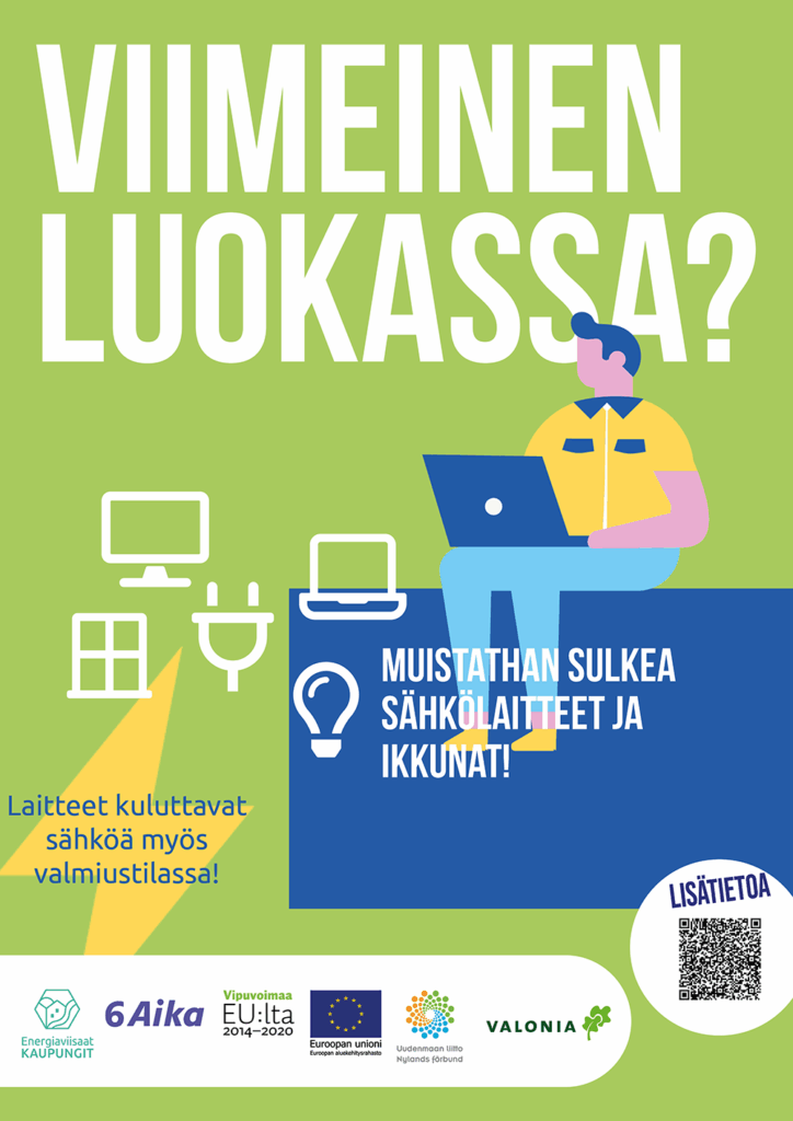 Juliste: Viimeinen luokassa? Muista sammuttaa sähkölaitteet ja sulkea ikkunat