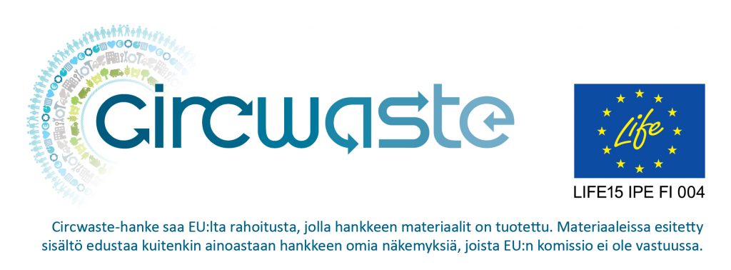 Circwaste-logo sekä EU-lippu logo tunnuksella LIFE15 IPE FI 004. Teksti: Circwaste-hanke saa EU:lta rahoitusta, jolla hankkeen materiaalit on tuotettu. Materiaaleissa esitetty sisältö edustaa kuitenkin ainoastaan hankkeen omia näkemyksiä, joista EU:n komissio ei ole vastuussa.