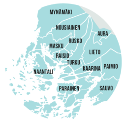 Kartta, jossa näkyvät pyöräilykatsauksessa mukana olevat kunnat: Mynämäki, Nousiainen, Rusko, Aura, Lieto, Masku, Raisio, Turku, Kaarina, Paimio, Naantali, Parainen ja Sauvo