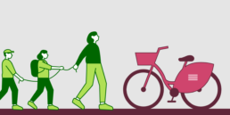 Piirroskuva, jossa on polkupyörä sekä kolme kävelijää - aikuinen, jonka perässä kulkee kaksi lasta