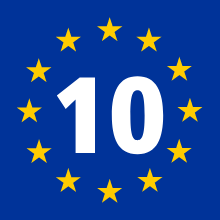 eurovelo 10 -reittien tunnus, jossa on sinisellä pohjalla keltaisia tähtiä ympyrässä, kuten EU-lipussa, ja sen sisällä valkoinen numero 10.