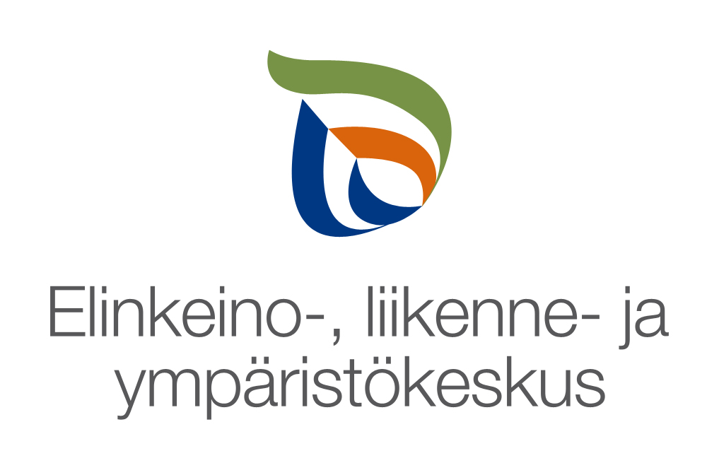 Elinkeino-, liikenne- ja ympäristökeskuksen logo, jossa lehtimäinen grafiikkalementti (vihreää, oranssia ja sinistä).