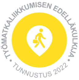 Työmatkaliikkumisen edelläkulkija -logo, jossa on keltaisen ympyrän sisällä kävelevää ihmistä kuvaava ikoni ja ympärillä teksti Työmatkaliikkumisen edelläkulkija Tunnustus 2022