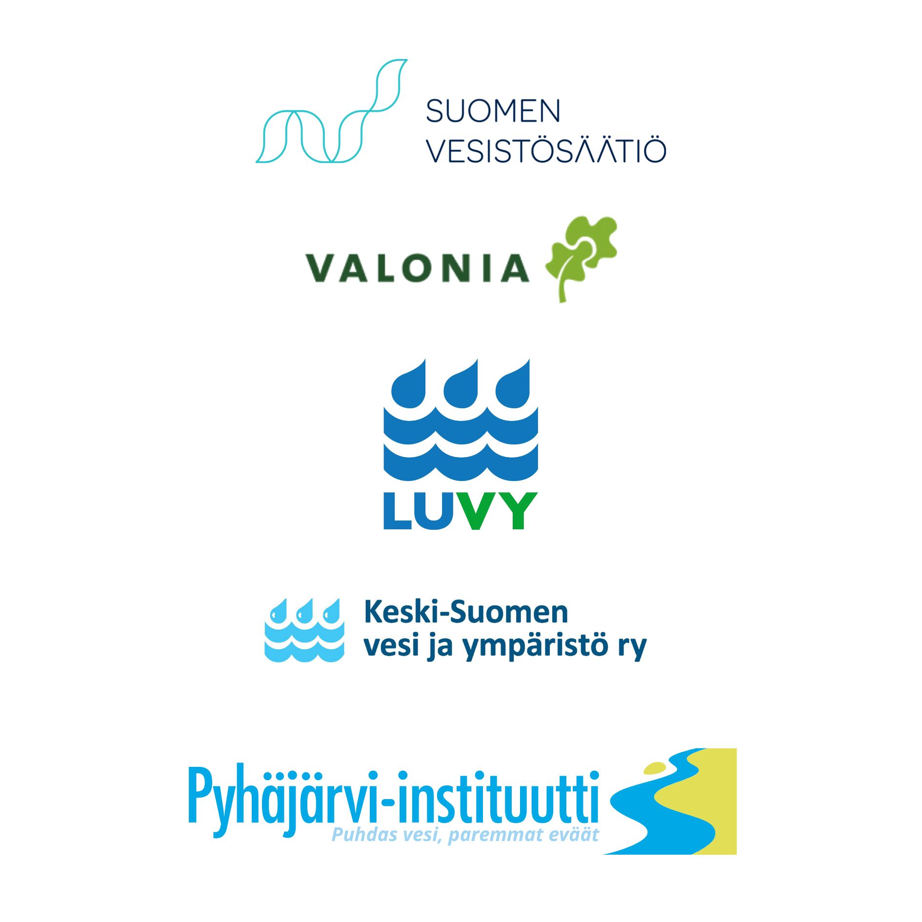 Suomen vesistösäätiön, Valonian, LUVYn, Keski-Suomen vesi ja ympäristö ry:n sekä Pyhäjärvi-instituutin logot