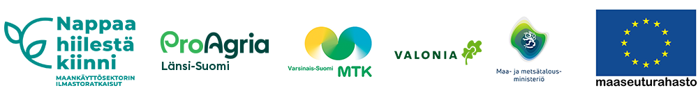 Logot: Nappaa hiilestä kiinni, ProAgria Länsi-Suomi, MTK Varsinais-Suomi, Valonia, Maa- ja metsätalousministeriö, EU:n maaseuturahasto