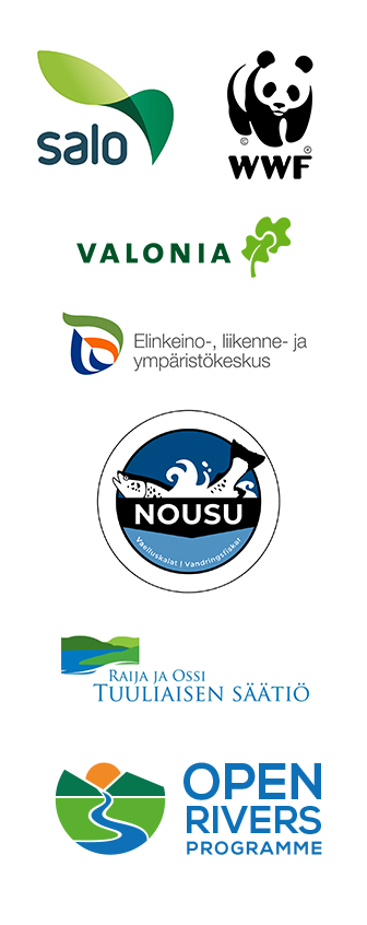 Logokllaasi: Salo, WWF, Valonia, ELY-keskus, NOUSU-ohjelma, Tuuliaisen säätiö, Open Rivers programme