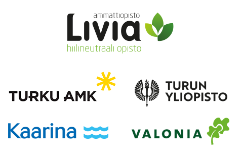 Logokollaasi: Ammattiopisto livia - hiilineutraali opisto, Turku AMK, Turun yliopisto, Kaarinan kaupunki, Valonia