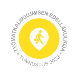 Keltainen ympyrä jonka keskellä kävelevää ihmistä esittävä ikoni, ympärillä teksti työmatkaliikkumisen edelläkulkija tunnustus 2023