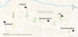 kartta jossa on kaupunkipyörien asemapaikat loimaalla: torilla, linja-auto – ja juna-asemilla, keilahallilla, Prismalla sekä terveyskeskuksella.