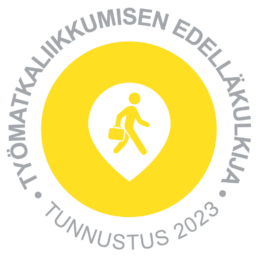 eltainen ympyrä jonka keskellä kävelevää ihmistä esittävä ikoni, ympärillä teksti työmatkaliikkumisen edelläkulkija tunnustus 2023