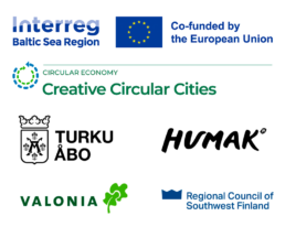 Logokollaasi: EU Interreg / Creative Circular Cities, Turun kaupunki, HUMAK, Valonia, Varsinais-Suomen liitto