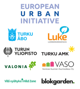 Logokollaasi: European Urban Initiative, Turku, LUKE, Turun yliopisto, Turun AMK, Valonia, VASO, Villi vyöhyke, Blokgarden
