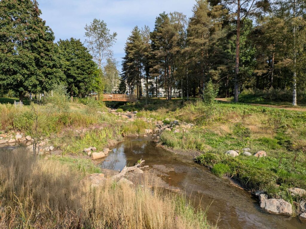 Puro, jonka yli menee puusilta. Taustalla kerrostaloja.