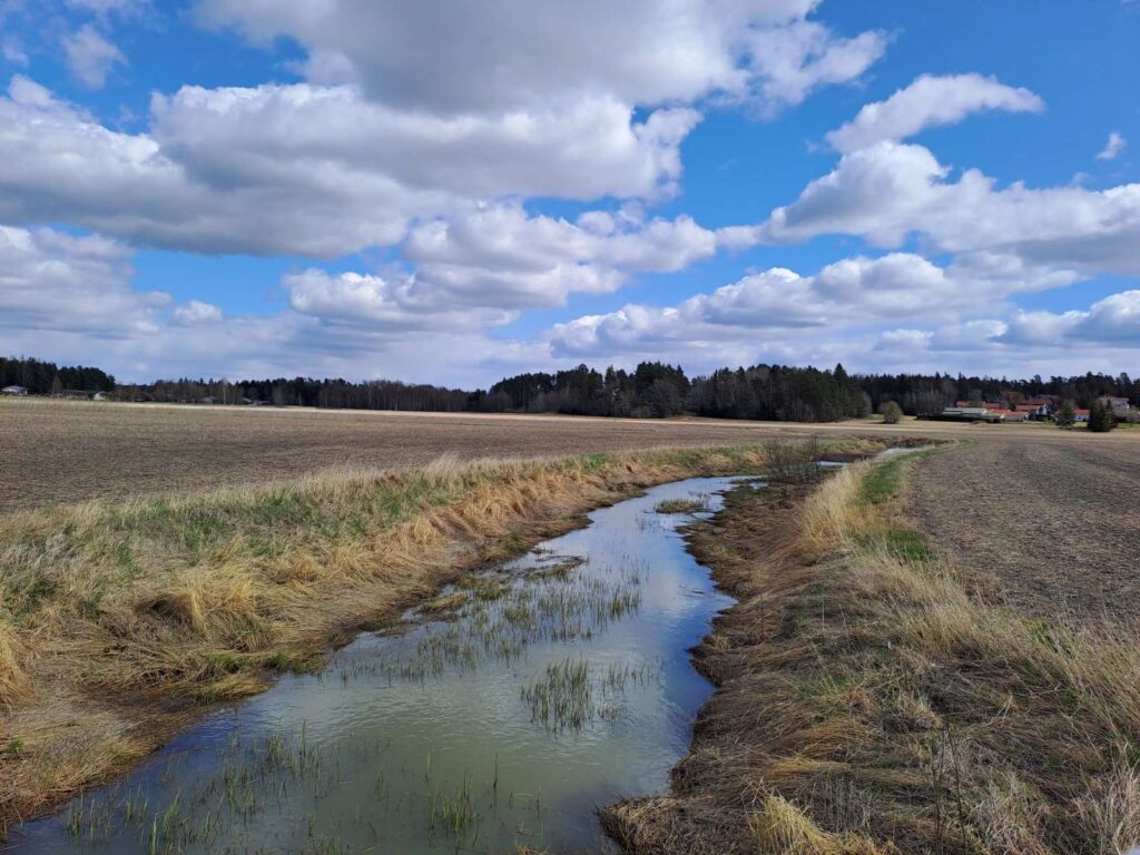 Oja peltojen keskellä