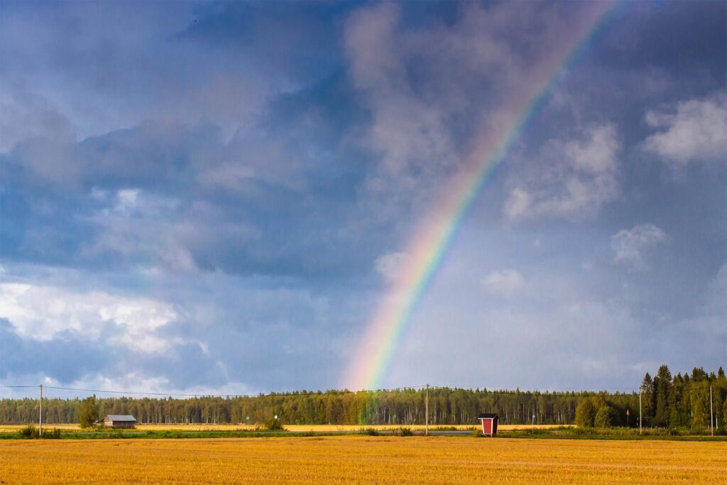 Syksyinen peltomaisema, sateenkaari taivaalla.