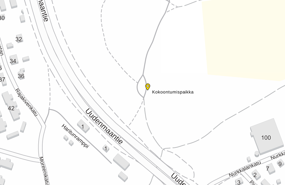 Karttakuva, jossa pisteenä kokoontumispaikka