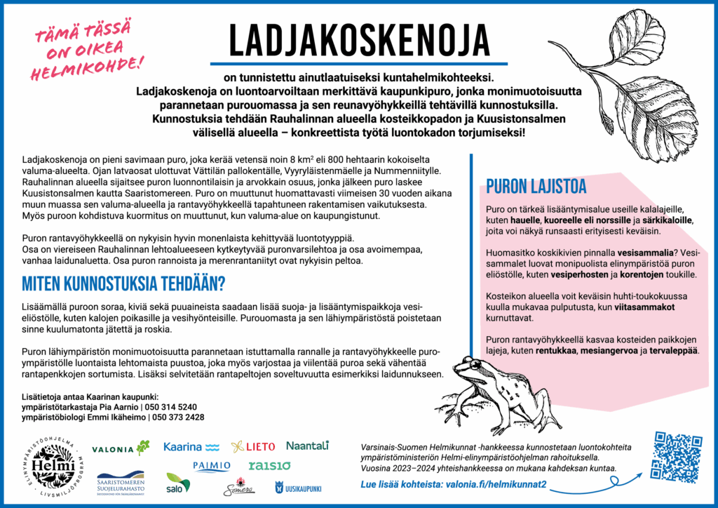 Infokyltti, jossa piirroskuva tervalepän oksasta ja sammakosta. Mukana myös Helmi-hankkeen yhteistyökumppaneiden logot: Valonia, Saaristomeren suojelurahasto, sekä Kaarinan, Salon, Liedon, Paimion, Naantalin, Raision, Someron ja Uudenkaupungin kaupungit. Kyltin tekstissä kerrotaan Ladjakoskenojan merkityksestä ainutlaatuisena kuntahelmikohteena ja luonnon monimuotoisuuden parantamiseen tähtäävistä kunnostuksista purouomassa ja sen reunavyöhykkeillä. Teksti sisältää myös tietoa puron lajistosta, kuten kalalajeista, vesisammalista ja viitasammakoista.