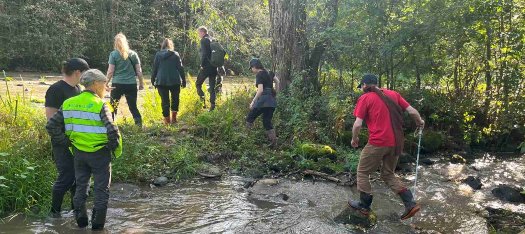 Henkilöitä uomassa, kosken reunalla ja hyppimässä uoman yli.