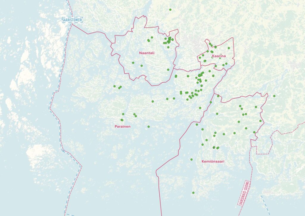 Karttakuva, johon merkitty kuntien rajat sekä vastauspisteet.