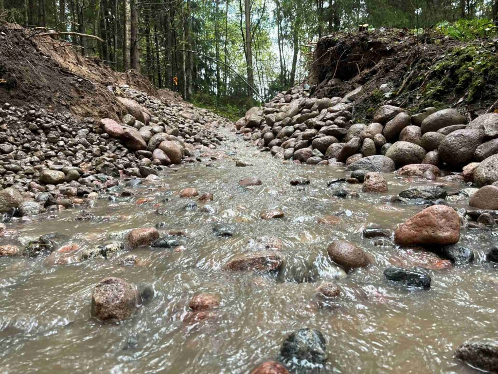 Keskellä kuvaa kivinen puro, joka virtaa katsojaa kohti. Reunoilla kiviä, maata ja puuta.