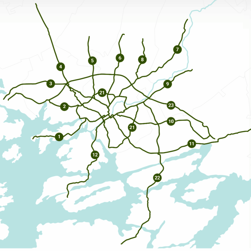 Karttakuva jossa on Turun seudulliset pääpyöräreitit