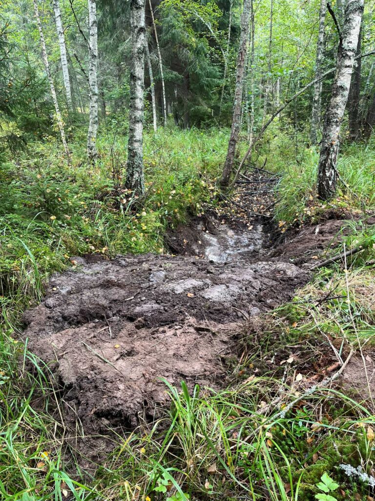Keskellä kuvaa tuoreet maamassat ojan tukkeena. Taustalla metsää.