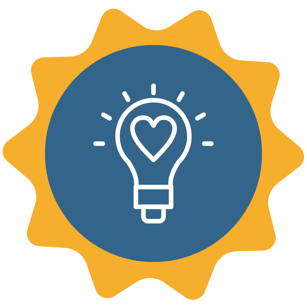 Sydämen sisältävä hehkulamppu, joka symboloi innostusta ja uusia ideoita sinisessä ikonissa.