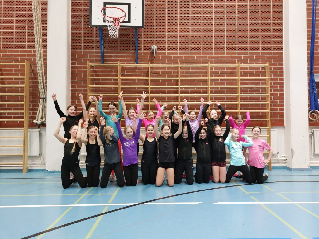 Ryhmä lapsia ja nuoria seisoo ja polvistuu liikuntasalissa koripallotelineen edessä, kädet iloisesti ylhäällä. Heillä on värikkäät urheiluvaatteet, ja taustalla näkyy salin tiiliseinä ja puolapuut.