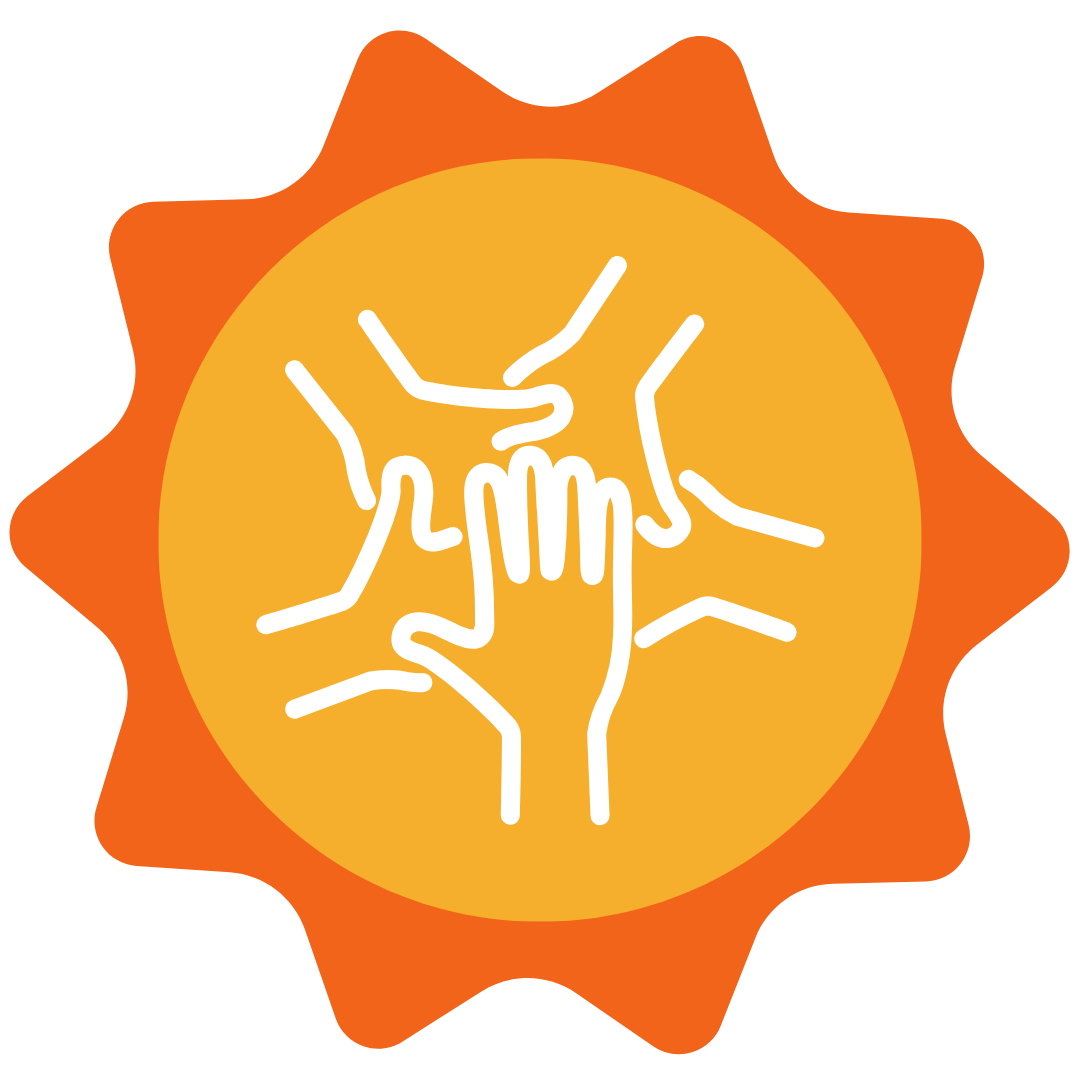 Usean käden muodostama yhteistyötä kuvaava symboli oranssissa ympyrässä.