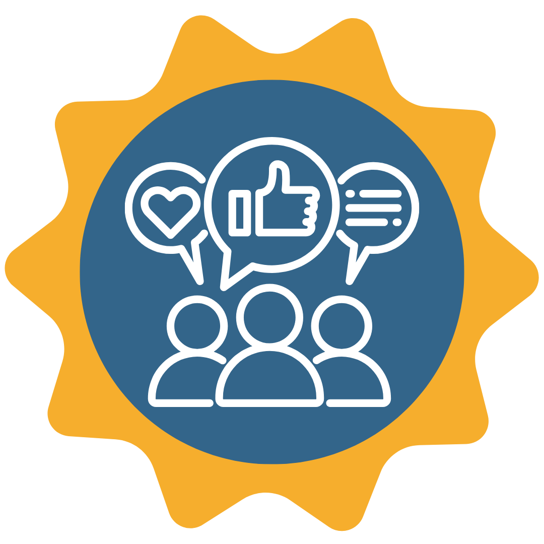 Kolme henkilöä ja puhekuplat, joissa sydän, peukku ja kommentti, yhteisöllisyyttä ja palautetta kuvaavassa sinisessä ikonissa.