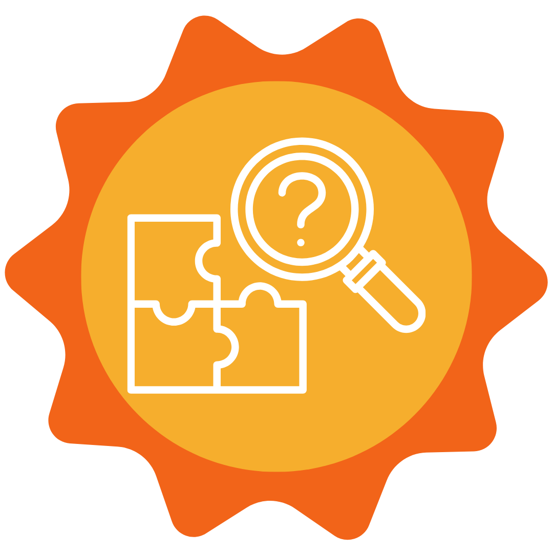 Palapelipaloja ja suurennuslasi, joka korostaa kysymysmerkkiä, tutkimista ja ongelmanratkaisua kuvaavassa oranssissa ikonissa.