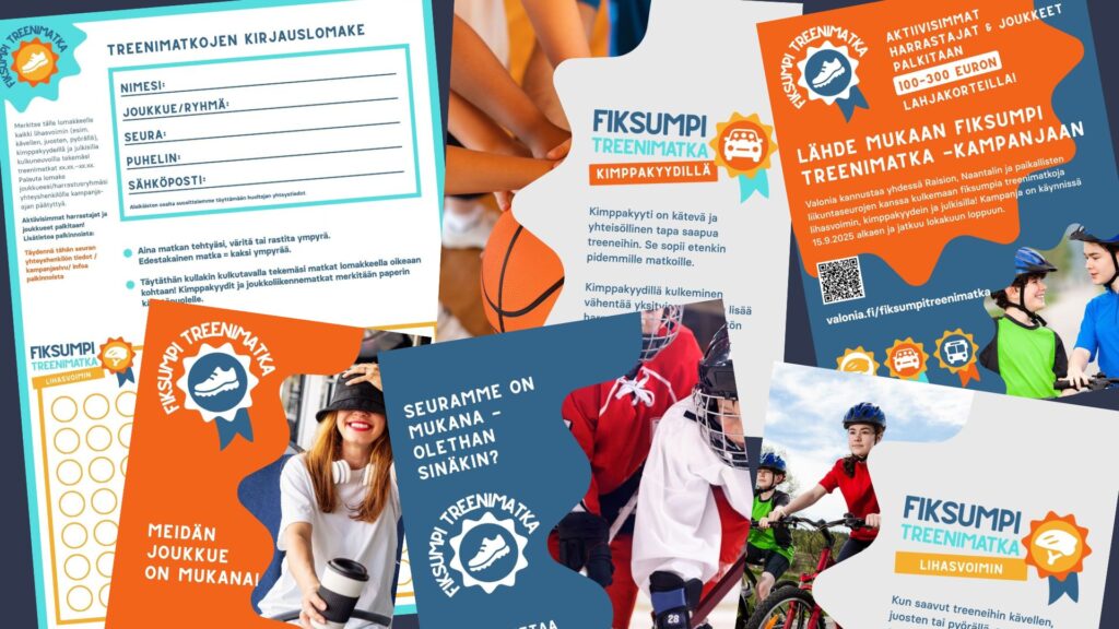 Kollaasi Fiksumpi treenimatka -kampanjan materiaaleista, kuten treenimatkojen kirjauslomakkeesta, kampanjaesitteistä, somekuvista sekä eri liikuntalajeja edustavista harrastajista.