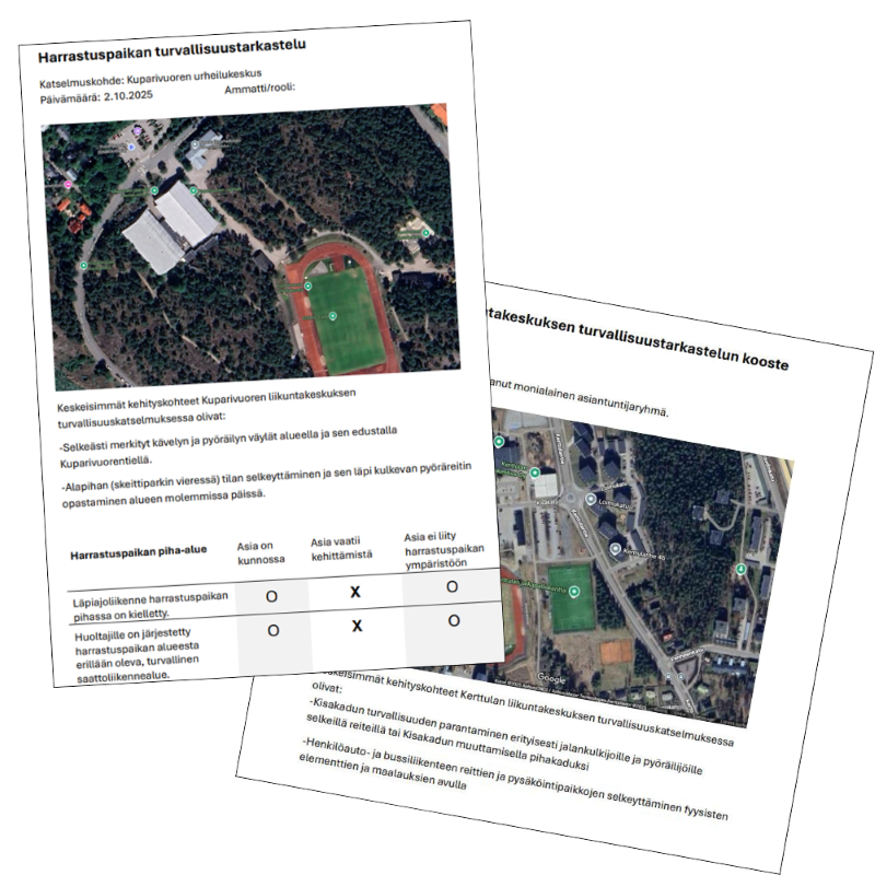 Kaksi vinossa kulmassa olevaa raporttisivua, joissa näkyy ilmakuvia urheilukeskuksen alueista sekä tekstiä turvallisuustarkastelusta. Raporteissa on karttakuvia, taulukoita ja listauksia havaituista kehityskohteista.
