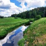 Vehreiden peltojen välissä kulkeva mutkitteleva oja, josta heijastuu poutapilviä. Taustalla metsää.