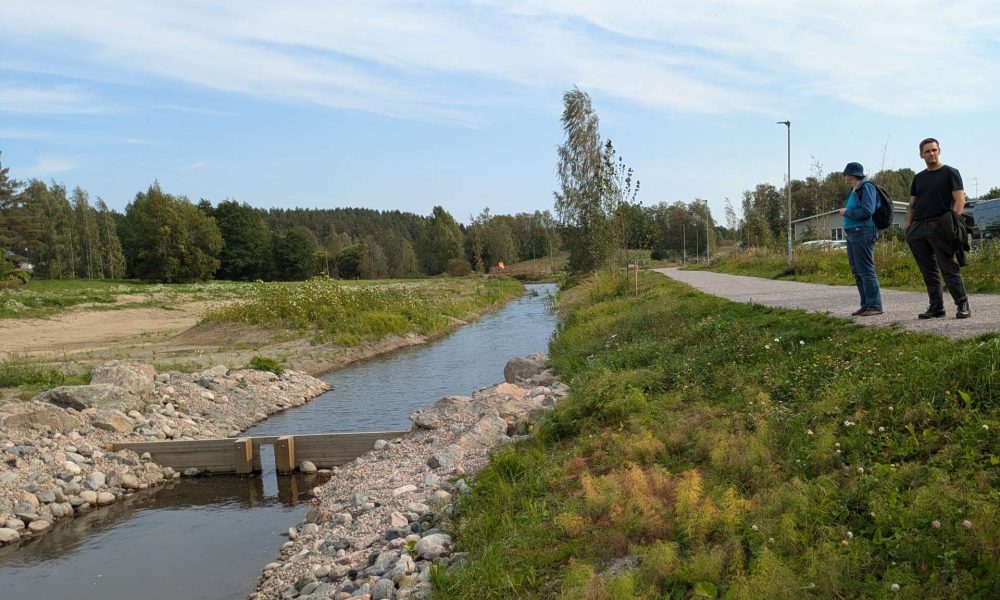 Leveä suora uoma ja sen toisella reunalla laaja niittyalue, joka ei vielä kasva kasveja.